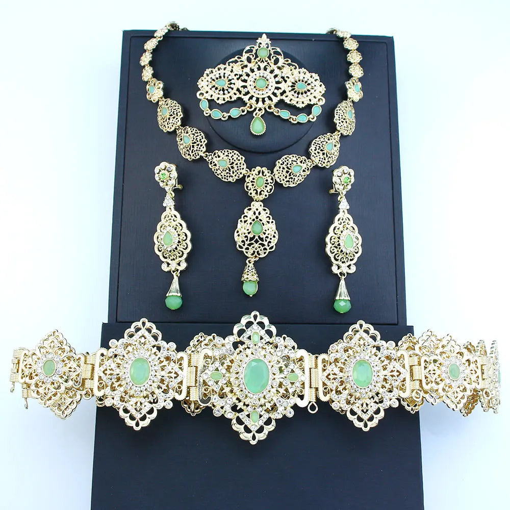 Sunspicems Chic Arabic Bride Jewelry Sets For Women Gold Color Crystal Morocco Belt Necklace Caftan Brooch Earring Muslim Sets