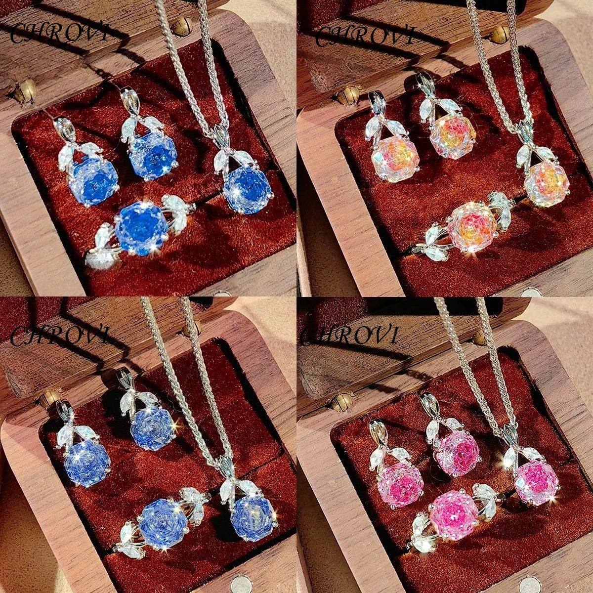 925 Sterling Silver Octagonal Millennium Rose Cut Necklace Pendant Diamond Stud Earrings Colorful Ring for Women Jewelry