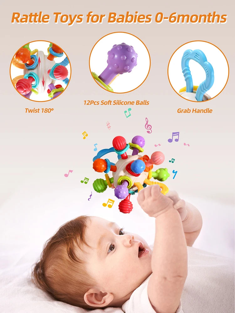 Baby Manhattan Ball Toy Montessori Teether Rattle for 0-18 Months Newborn Soothing Toy Easter Ramadan Gift for Boys Girls