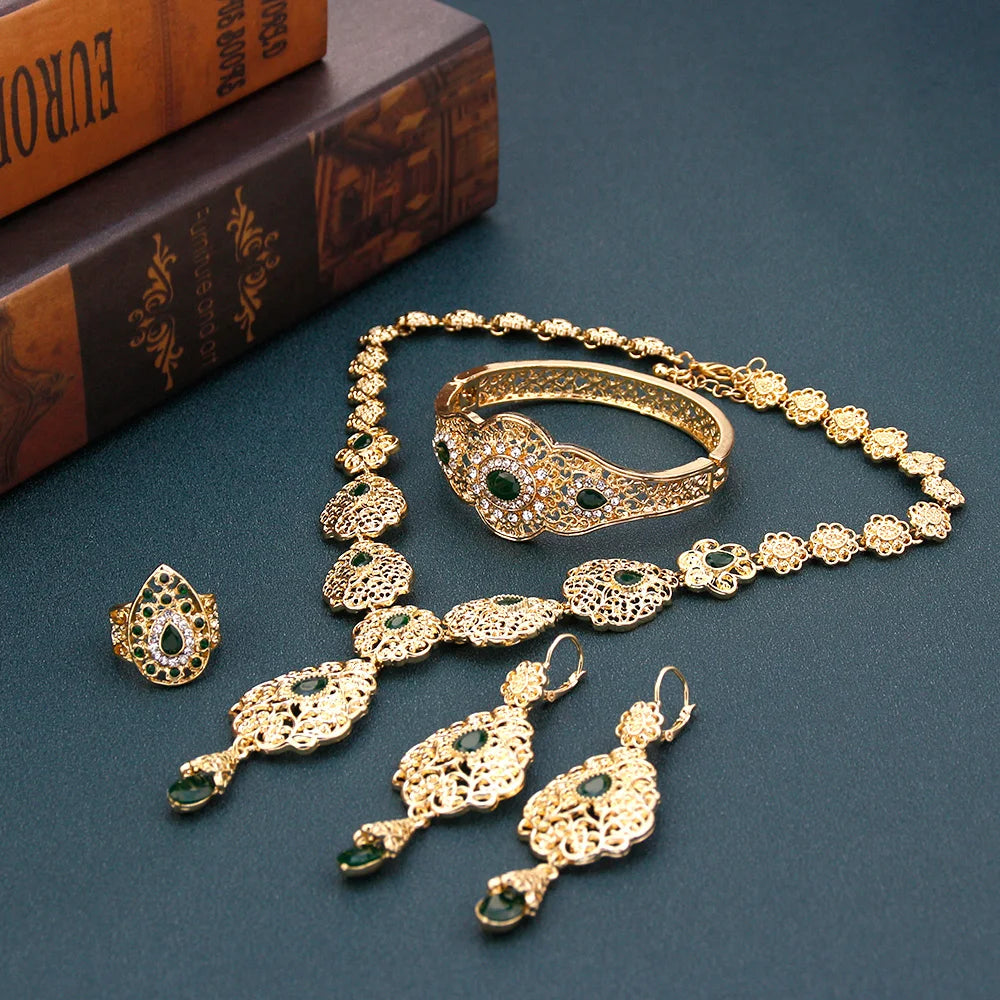 Arabic Jewelry Sets Morocco Choker Necklace Dangler Earring Bracelet Ring Gold Color Ethnic Women Charm Bijoux