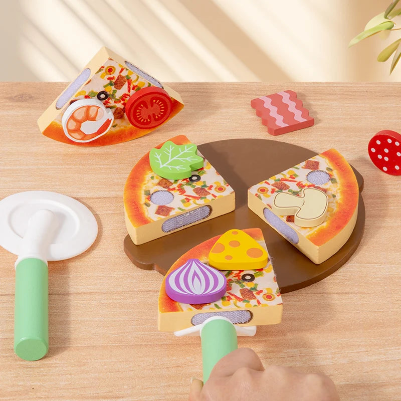 Wooden Simulated Cutting Pizza Pretend Play Toy Educational Kitchen Cooking House Color Recognition Game for Kids 2 Years Gift