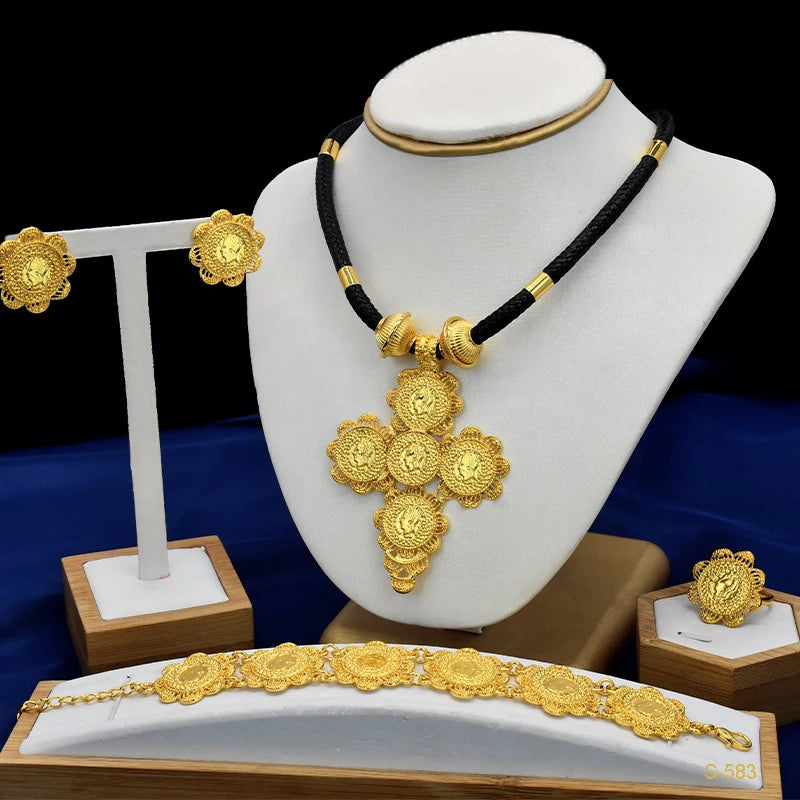 ANIID Ethiopian Gold Color 6pcs Jewelry Sets For Women Dubai Flower Shape Nigerian Luxury Necklace Jewellery Set Wedding Gifts