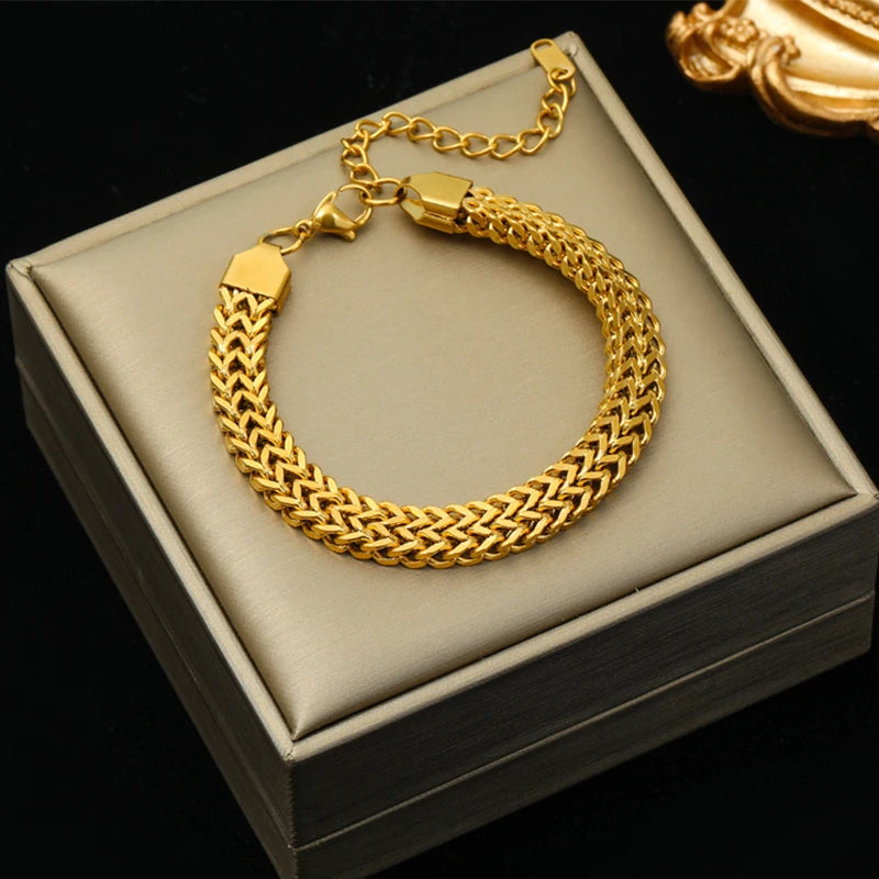 EILIECK 316L Stainless Steel Double Color Oval Necklace Bracelet Set For Women Hip-Hop Punk Twists Neck Chain Jewelry Gift