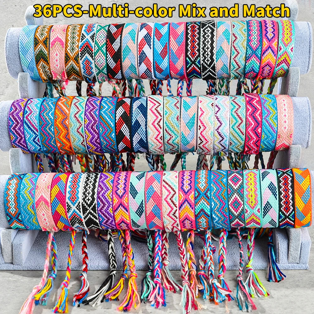 12/24/36pcs Random Bohemian Woven Bracelet Set with Tassel Colored Hand Woven Bracelet, Adjustable Ethnic Style Jewelry