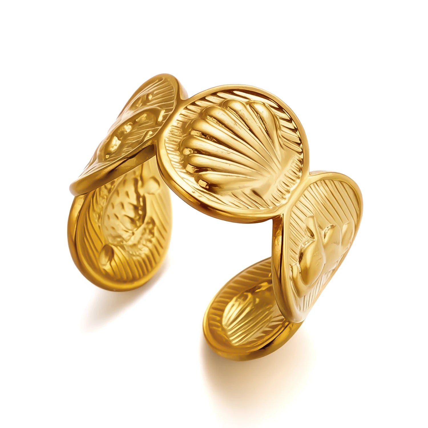 Gmai PVD Plated Stainless Steel Open Rings Set for Women Vintage Sun Leaf Shell Geometric Cuff Ring Hypoallergenic Jewelry Gift