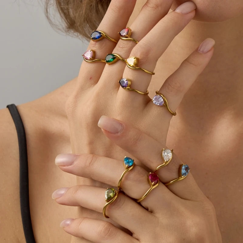 St-Delan Women's High-End Birthstone Ring 12 Colors Teardrop Zircon Ring Perfect Birthday Gift Jewelry Bulk Wholesale