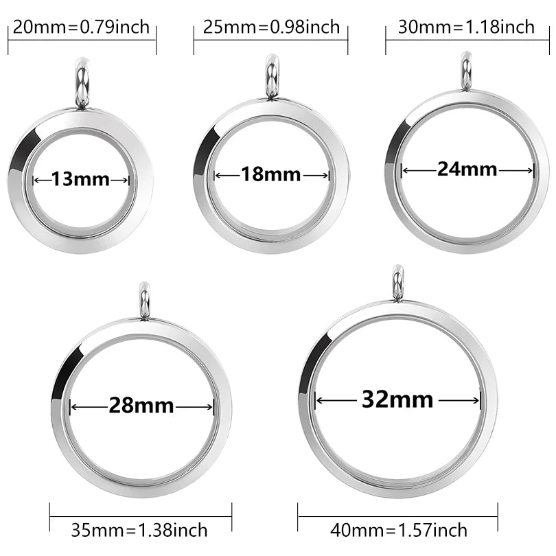 5Pcs 20-40mm Stainless Steel Glass Memory Cremation Urn Locket Pendant Openable Round Reliquary Photo Medaillon Colgantes