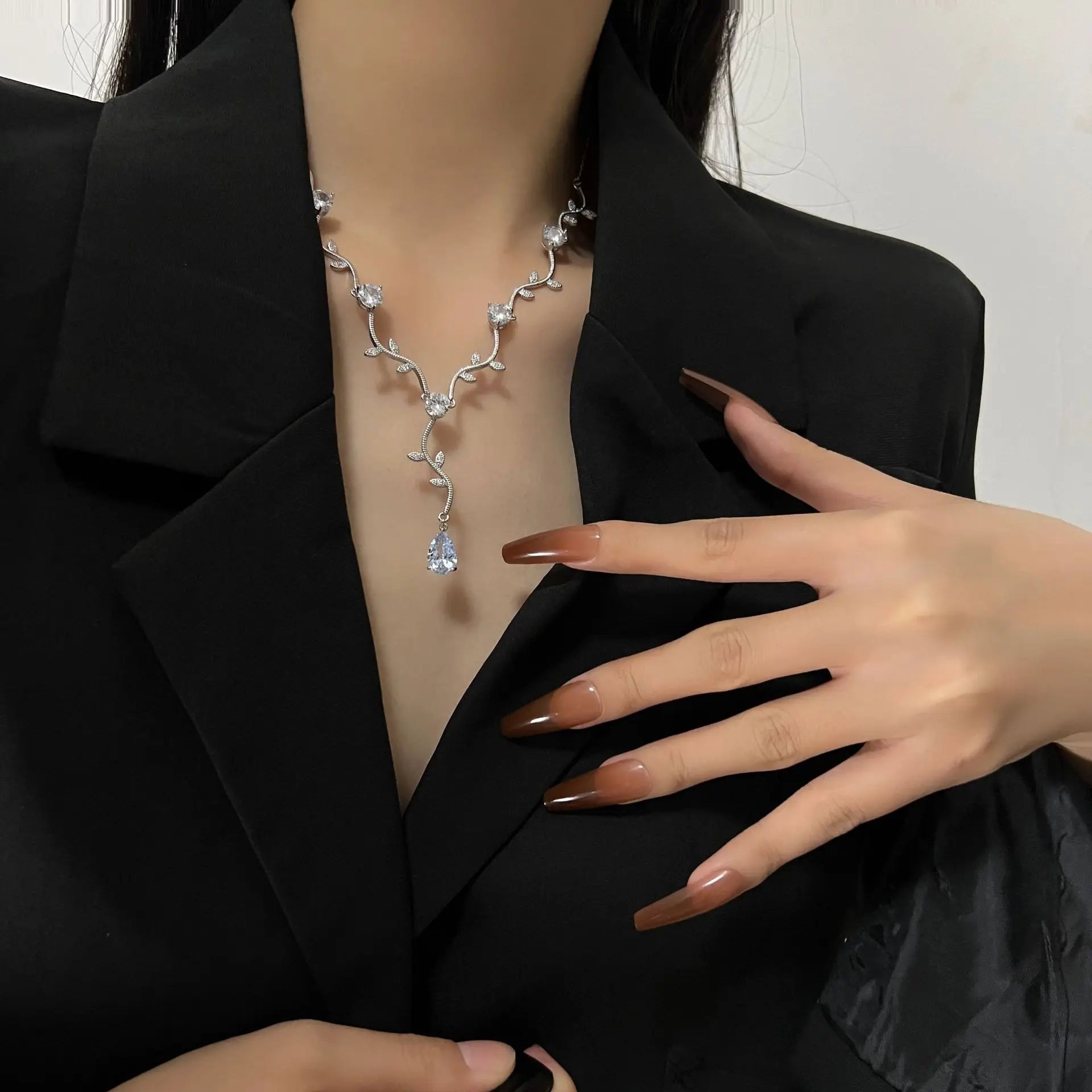 ZAKOL Classic White Rose Gold Color Cubic Zirconia  Bridal Jewelry Sets Leaf Shape Choker Earrings Wedding Dress for Women