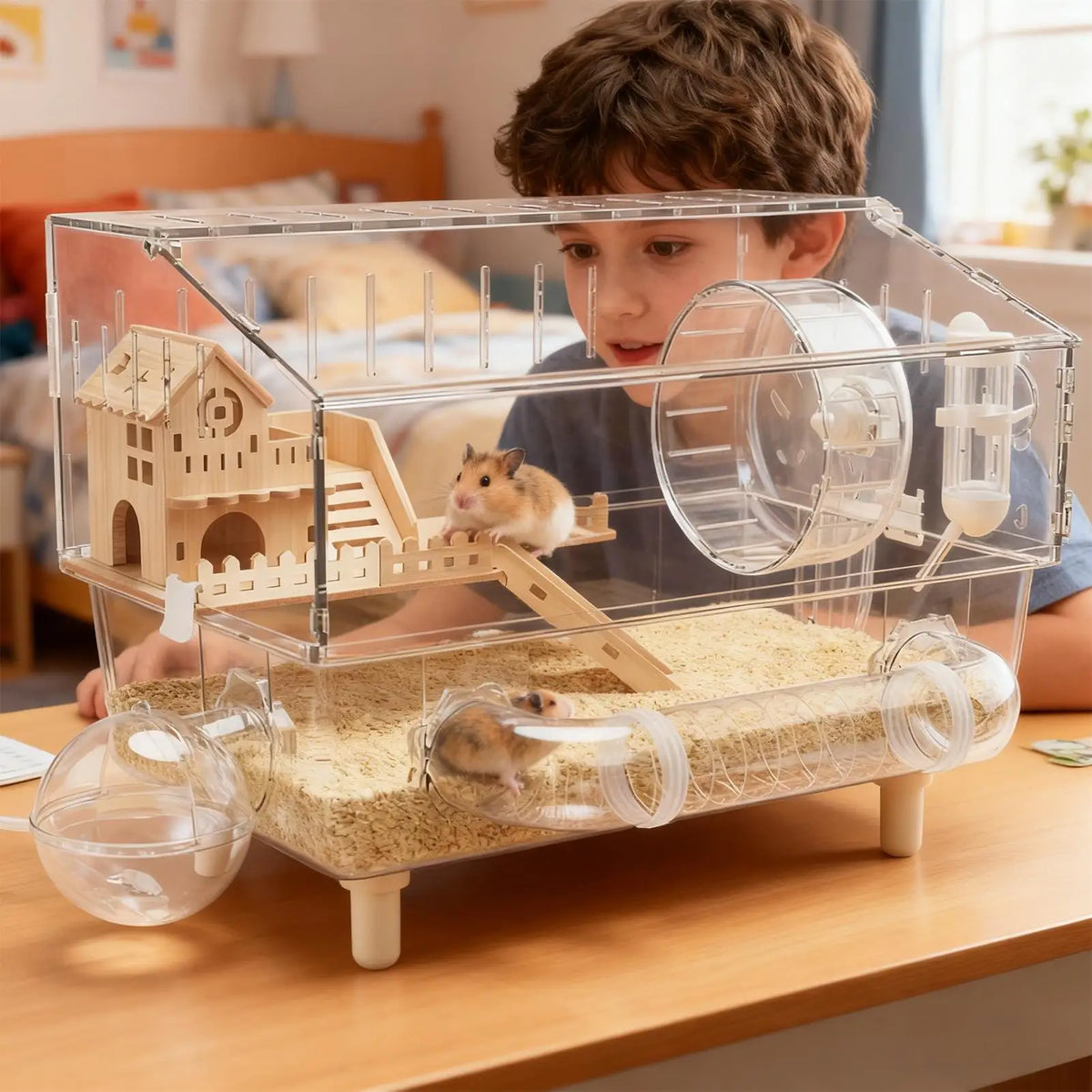 Hamster Habitat 2-Layer Clear Habitat 17.7x11x13.3 Inch Acrylic Small Animal House for Monitoring Breeding Hedgehog Ferret