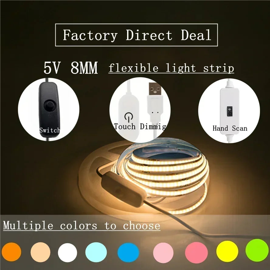 Dimmable 5V USB 5m COB LED Strip Light with Hand Scan Dimmable Touch Sensor Switch Push Switch Room TV Background Decoration