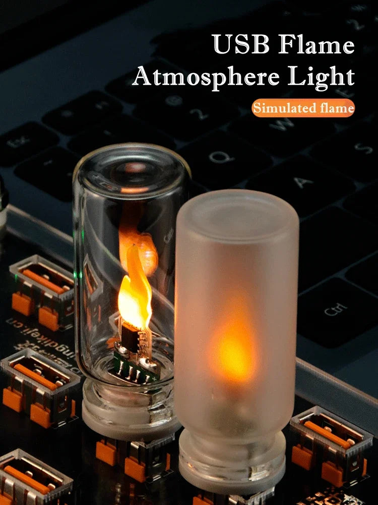 USB Flame Flickering LED Frosted Clear Glass Candle Night Light Simulated Flame for Car Home Room Laptop PC Festival Decoration