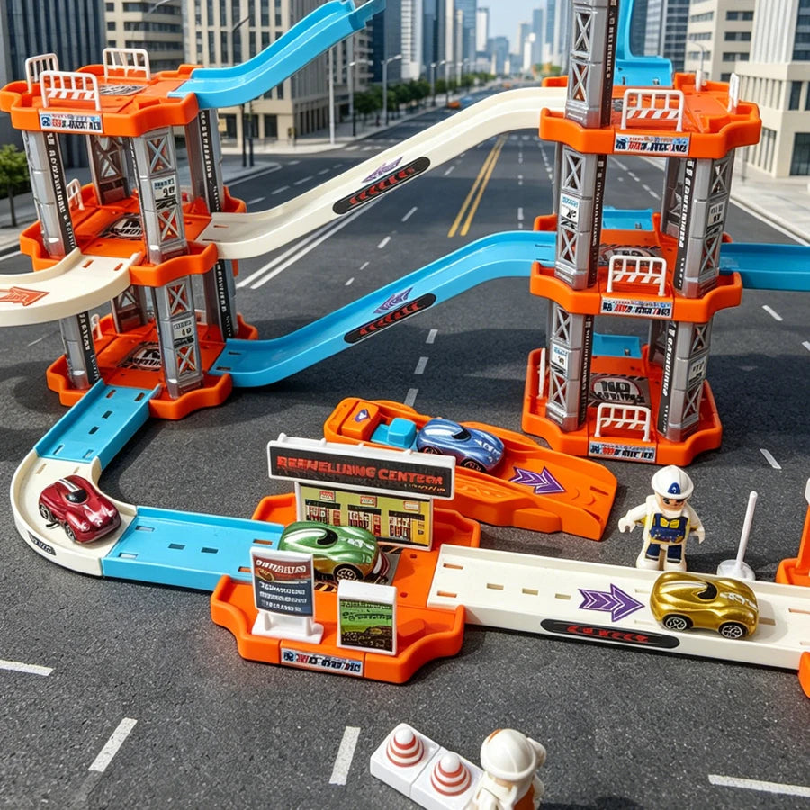 Children's large four story parking lot toy set, multi-layer urban rail toys, boys' cars, suitable for boys' birthday gifts