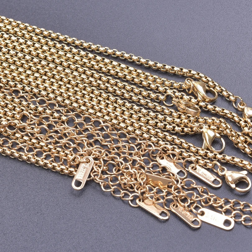10pcs/Lot Gold Color Stainless Steel Chain 45cm Adjustable Necklace Width 1.2/1.5/1.6/2.2/2.5/3mm Men Women Jewelry Chain Bulk