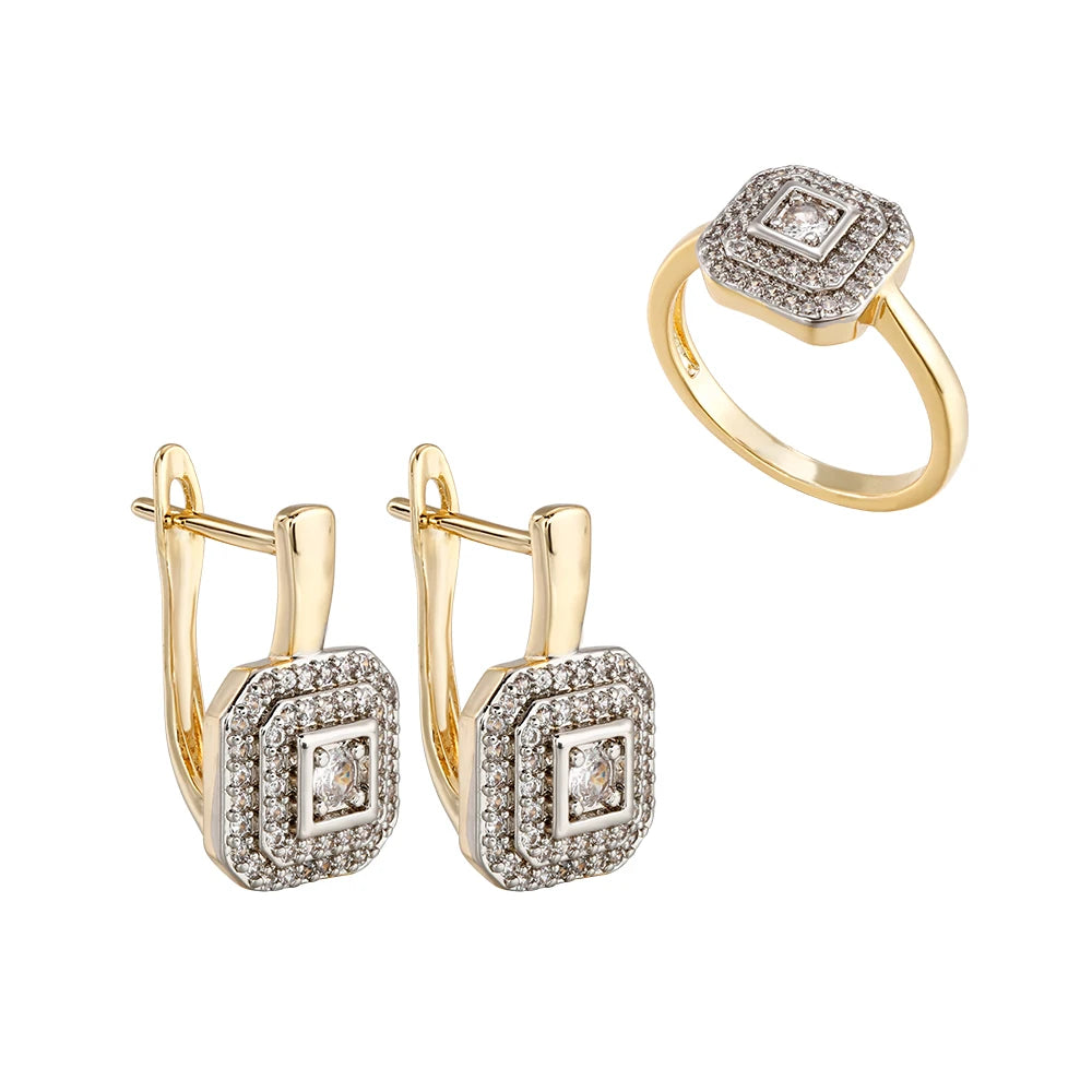 Square design inlaid zircon earrings ring copper plated 14K gold fashion jewelry set birthday party exquisite gift jewelry