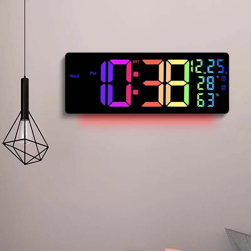 17" Large Digital Wall Clock 11Colors Dispaly & Dynamic RGB LED Clocks Temp Date Week Display Remote Control Dual Alarms Clock