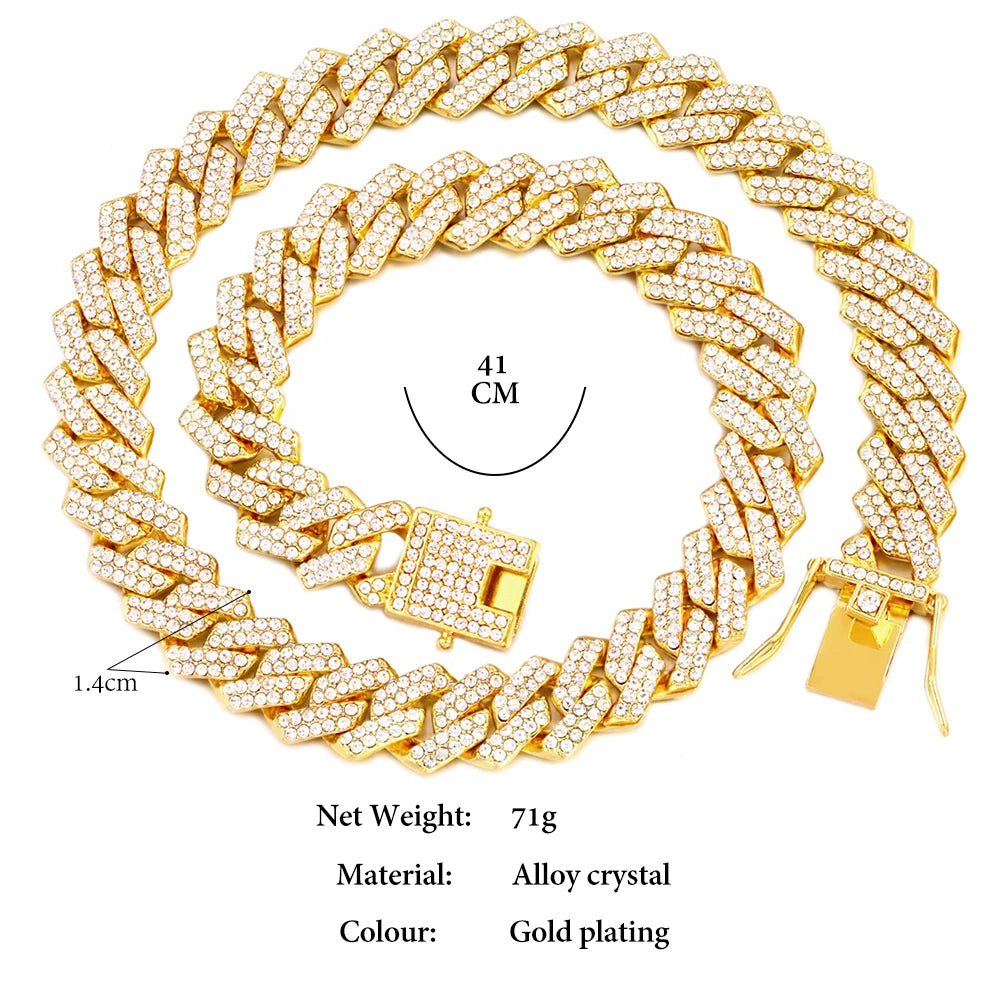 13/14/20MM HipHop Iced Out Chain Cuban Link Chain Necklace For Men Gold Silver Color Rhinestone Pave Men's Birthday Jewelry Gift