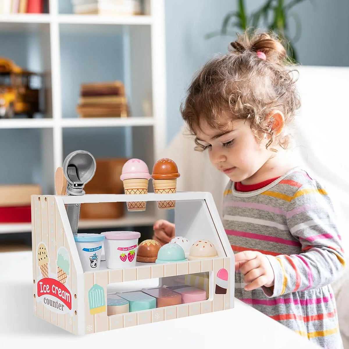 Wooden Ice Cream Toys for Toddler, Play Store Pretend Food Kitchen Accessories with Scoop & Menu & Toy Cash,Christmas Gift