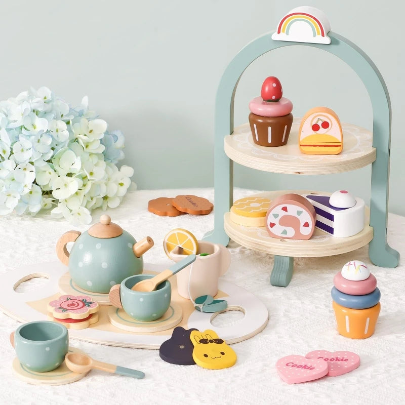 Girls Toys Wooden Afternoon Tea Set Children's Toy Kitchen  Pretend Play Set Toaster Coffee Maker Ice Cream Kids Educational Toy