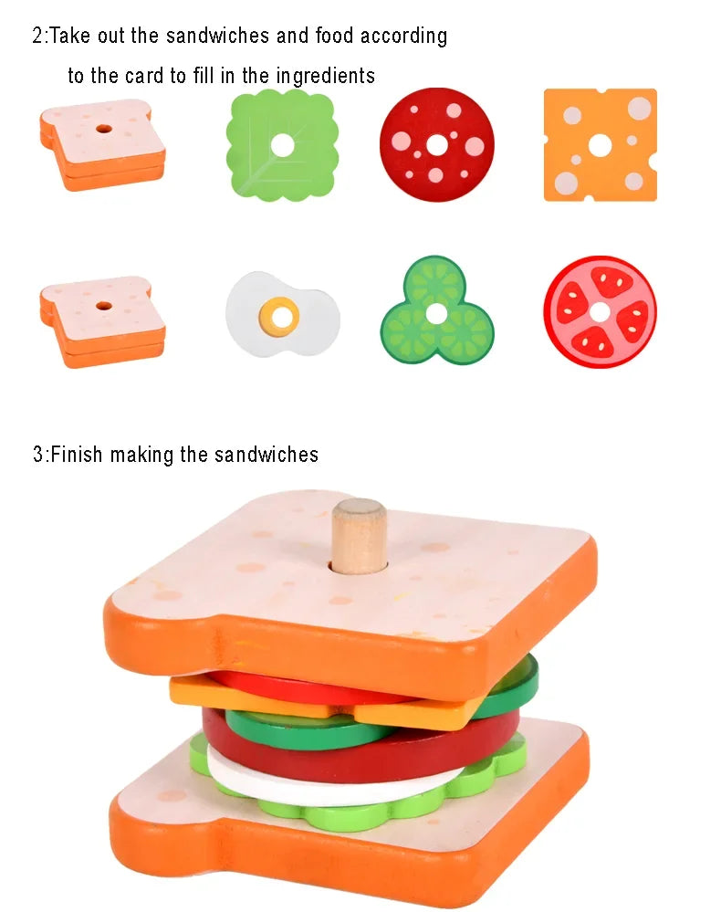Children Pretend Play Kitchen Wooden  Toys Hamburger Sandwich Simulation Food Matching Games Montessori Educational Stacking Toy