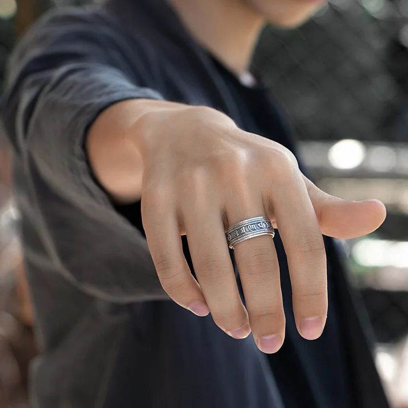 S925 Sterling Silver Ring Men Women Retro Buddhist Six-Character Great Mantra Ring Male Female Amulet Jewelry Exquisite Gift