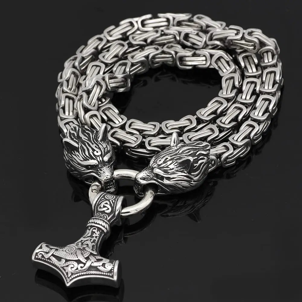 Stainless Steel Wolf Head Pendant Byzantine Emperor Chain Necklace Bracelet Set Norse Viking Amulet Thor Hammer King Jewelry