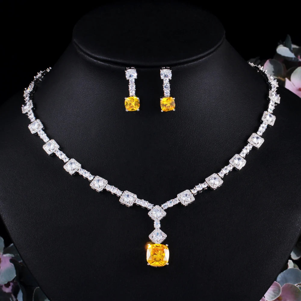 CWWZircons Super Shiny Big Square Yellow Zirconia Wedding Bridal Necklace Earrings Party Costume Jewelry Sets for Women T0726
