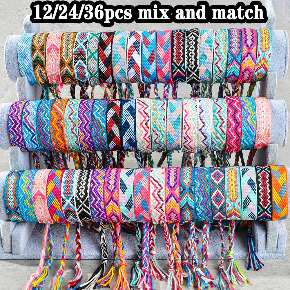 12/24/36pcs Random Bohemian Woven Bracelet Set with Tassel Colored Hand Woven Bracelet, Adjustable Ethnic Style Jewelry