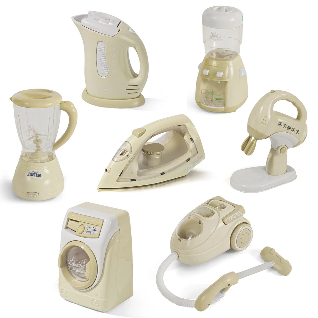 Children's simulated small household appliances, such as washing machines, vacuum cleaners, irons, juicers, and toys