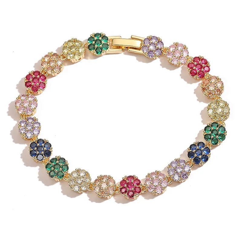 HECHENG, Flowers Colourful Zircon Necklace Bracelet ,Fine Jewelry Brass 18K Real Gold Plated Romantic Gift For Women