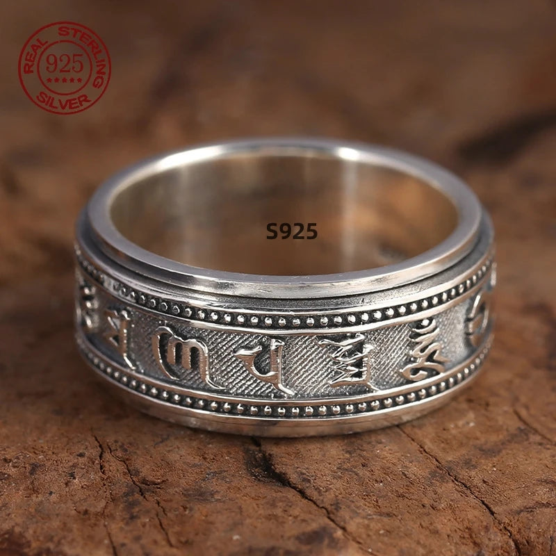 S925 Sterling Silver Ring Men Women Retro Buddhist Six-Character Great Mantra Ring Male Female Amulet Jewelry Exquisite Gift