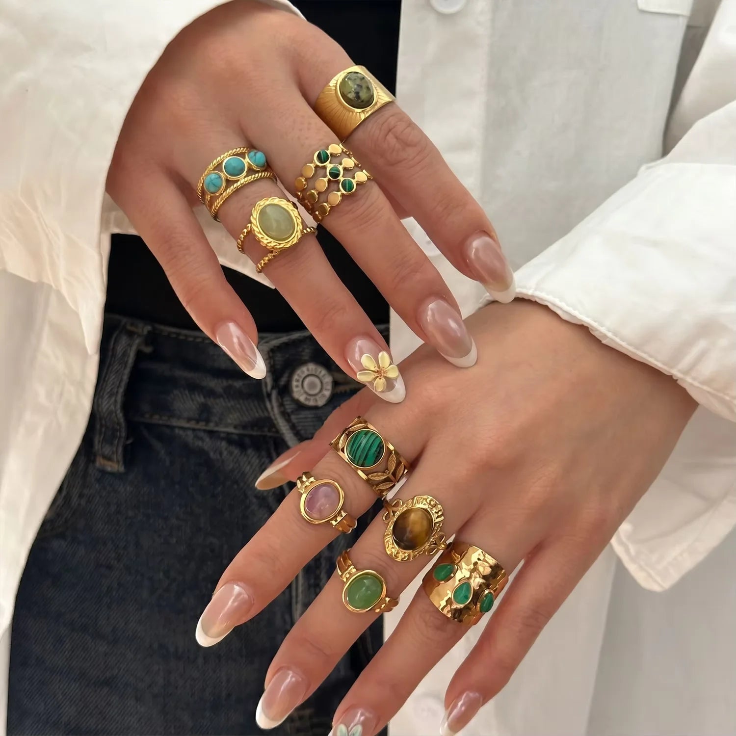 Stainless Steel French Vintage Ethnic Color Gemstone Ring for Women Punk Personality Stackable Open Finger Ring Hand Jewelry