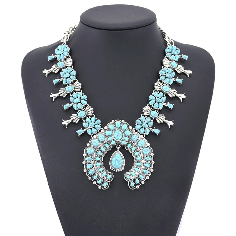 Navajo Indian Jewelry Set Costume Statement Red Turquoise Stone Resin Earrings and Western Squash Blossom Necklace for Women