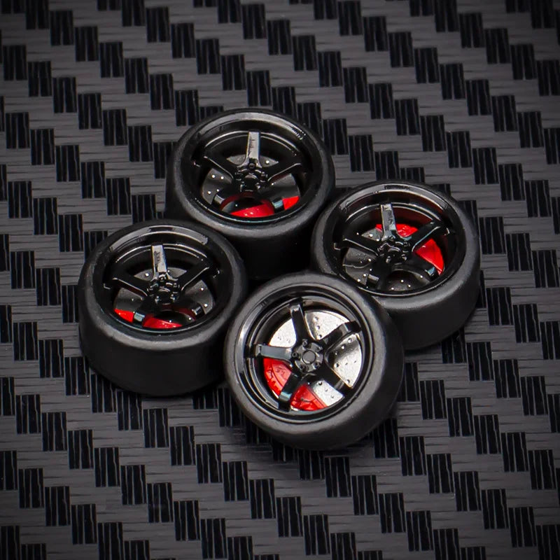 1/64 Car Model Bearing Wheels 9.8mm 10.8mm Rubber Tires W Brake Disc Caliper Axles Modify Spare Parts for 1:64 Cars