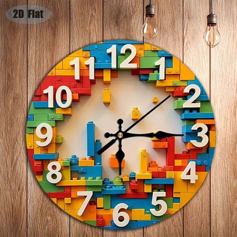 LEGO-Inspired Silent Round Wall Clock -  Large Face with Colorful Building Blocks Design, Mechanical Quartz Movement, Auto-Shut