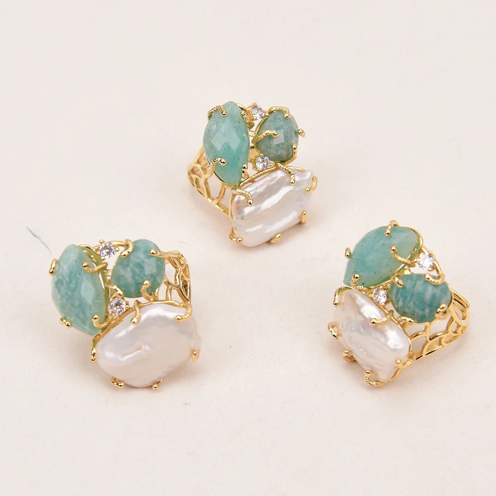 GG Natural White Keshi Pearl Green Amazonite Stone Gold Color Plated Rings Adjustable Ring For Lady