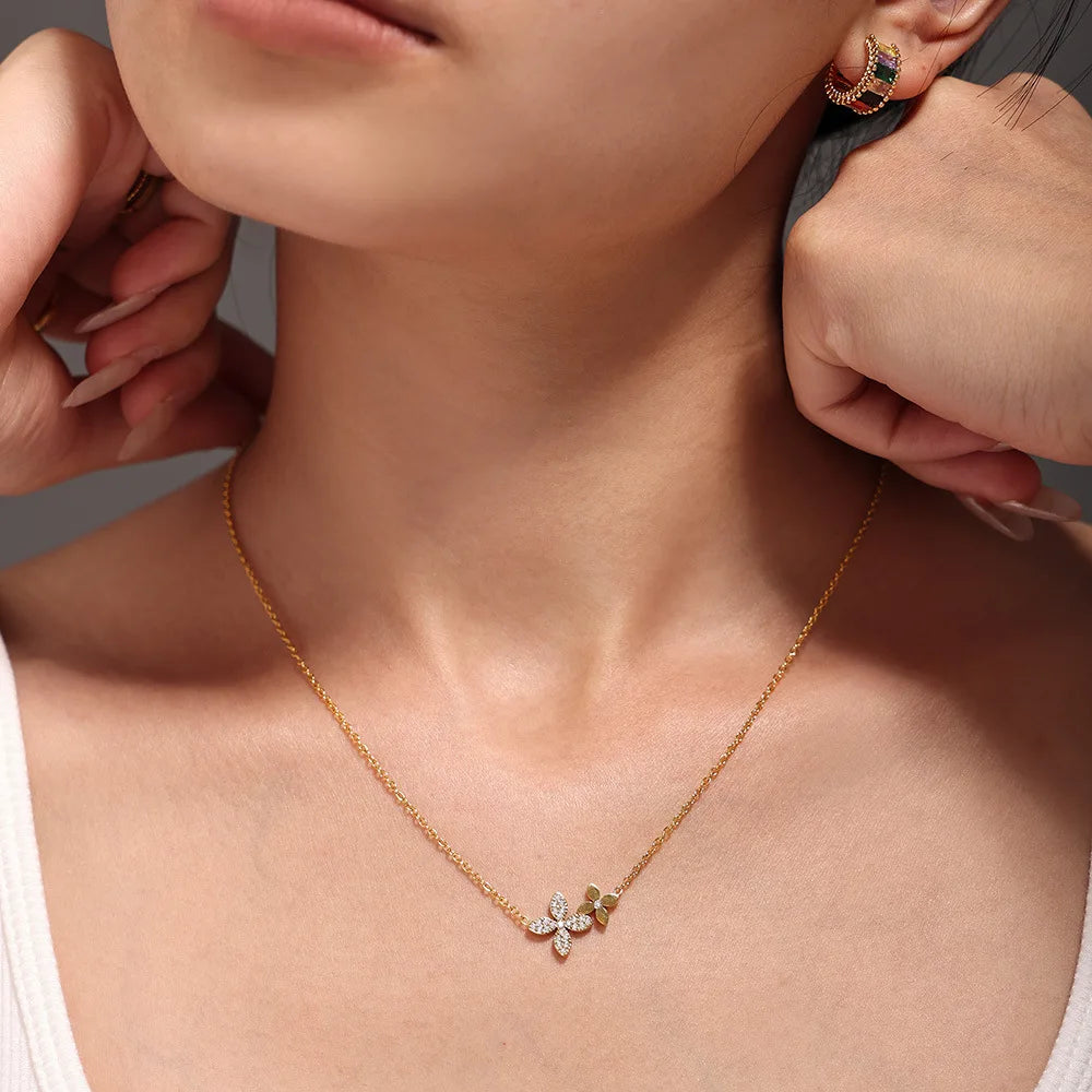 Necklace Bracelet For Women Stainless Steel Zircon Waterproof 4 Petals Flower Pendant Waterproof Chain Charm Jewelry Gift