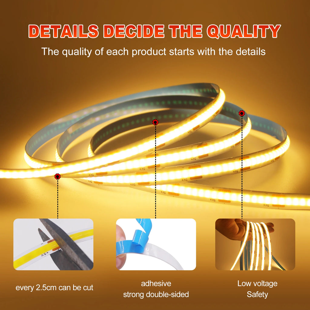 8MM COB LED Strip Light 5V 320LEDs/M Motion Sensor Dimmable Flexible LED Tape Ribbon USB/Battery Powered DIY Backlight for Room