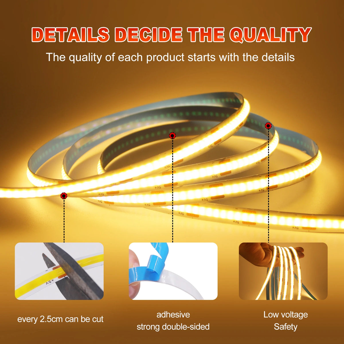 5V COB LED Strip Light 320LEDs/M Touch Sensor Dimmable USB Flexible LED Ribbon Adhesive Tape DIY Mirror TV Backlight Night Light