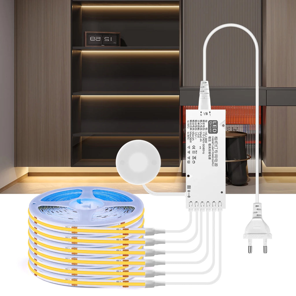 1-6pcs COB LED Strip Light Under Cabinet Collection Display Touch Dimmer Bookcase Wardrobe Motion Sensor Penet Wood Closet Lamp