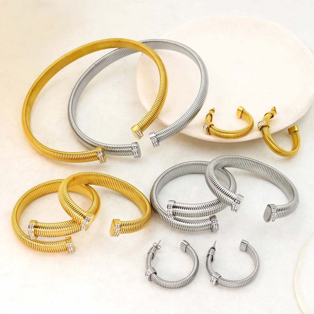 High Quality Cross Cuff Stainless Steel Jewelry Set Personalized Spiral Texture 18K Gold Plated Arm Neck Bijoux Waterproof