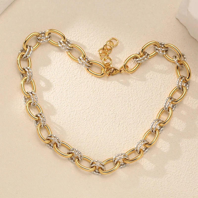 EILIECK 316L Stainless Steel Double Color Oval Necklace Bracelet Set For Women Hip-Hop Punk Twists Neck Chain Jewelry Gift