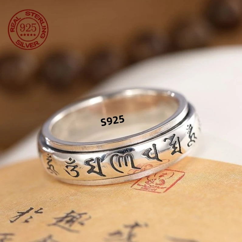 Factory Price S925 Silver Sanskrit Mantra Rotating Men's Ring Literary Simplicity Retro Personality Ring Jewelry Creativity Gift