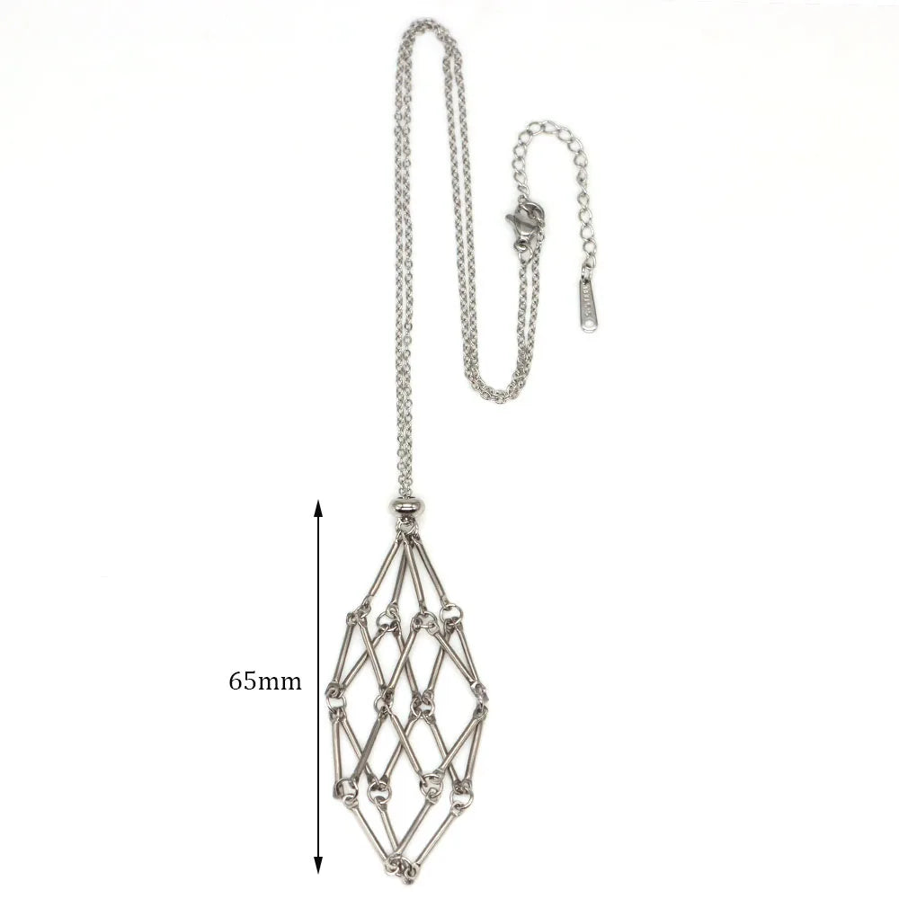 Crystal Cage Necklace Empty Stone Holder Wax Rope Stainless Steel Chain Adjustable Pendant Net Bag Natural Gem Jewelry Accessory