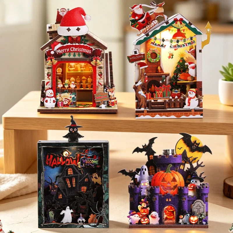 DIY Wooden Dollhouse Kit Warm Christmas Halloween Lodge Cabin with Furniture LED Lights 3D Assembly Magnetic Fridge Sticker