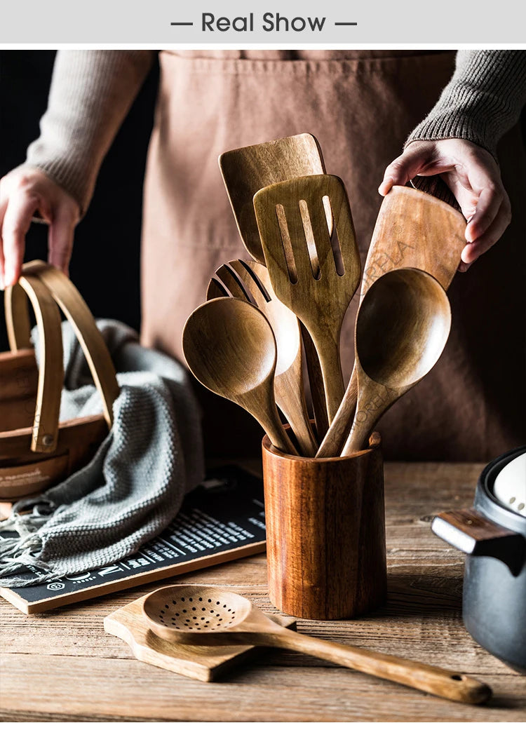 9PCS Wooden Spoons For Cooking, Wooden Utensils For Cooking With Utensils Holder, Teak Wooden Kitchen Utensils Set