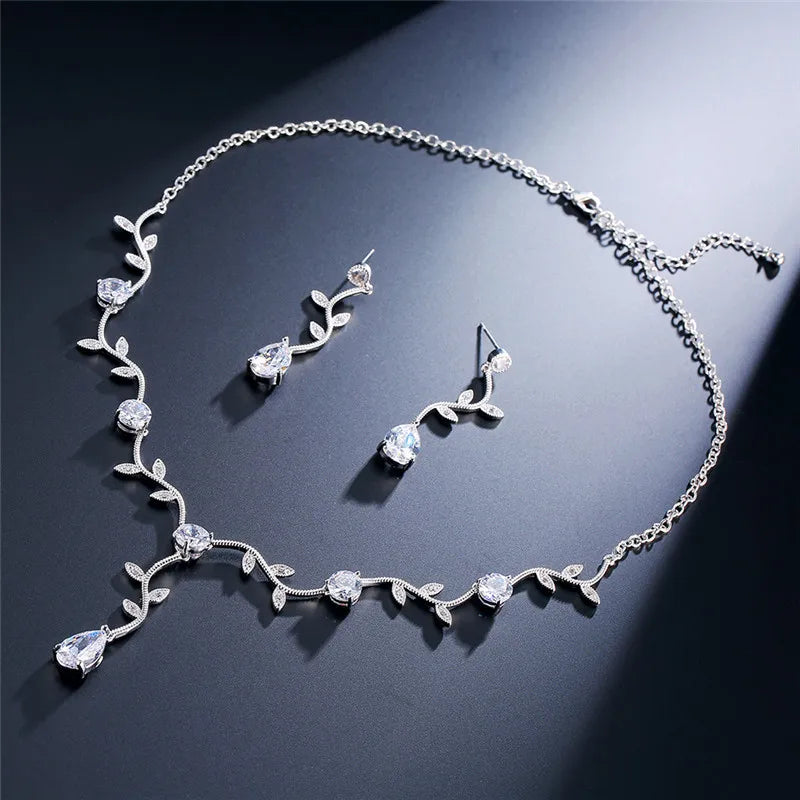 ZAKOL Classic White Rose Gold Color Cubic Zirconia  Bridal Jewelry Sets Leaf Shape Choker Earrings Wedding Dress for Women