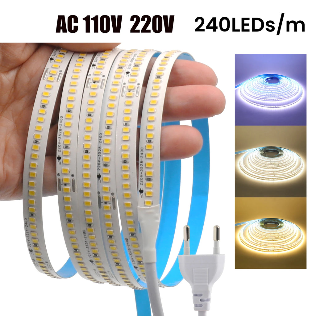 AC 220V 110V LED Strip 240Leds/M IP44 10CM Cut Home Decor Warm/Natural White Self Adhesive Flexible Ribbon Stripe Chain Light