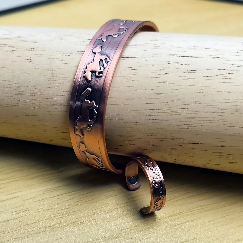 Pure Copper Jewelry Set Magnetic Horse Bracelets Rings Health Energy Adjustable Men Vintage Jewelry-set Open Cuff Resizable