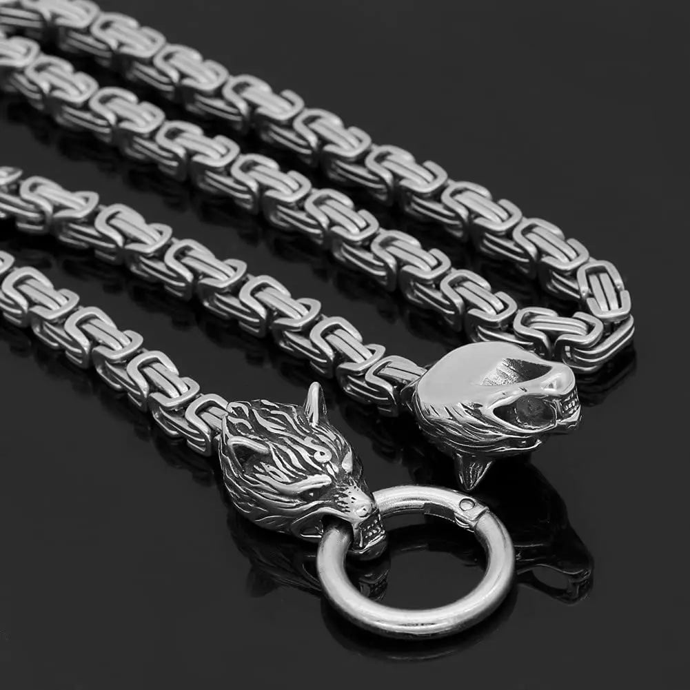 Stainless Steel Wolf Head Pendant Byzantine Emperor Chain Necklace Bracelet Set Norse Viking Amulet Thor Hammer King Jewelry