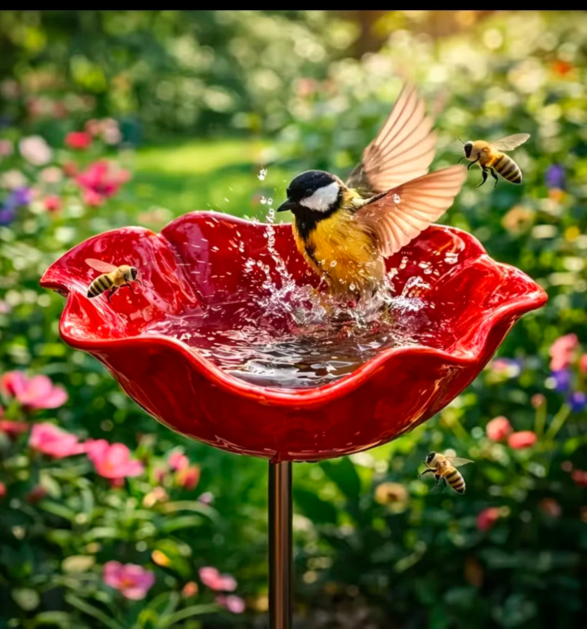 Garden Metal Flower Bird Bath Stake with Copper Bird Water Cleaner Disk Outdoor Yard Bird Water Bowl Bird Feeder Garden Ornament